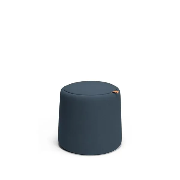 Round Agile Flip Ottoman with custom fabric seat lifting to reveal storage, and reversible timber tabletop for use as a coffee table